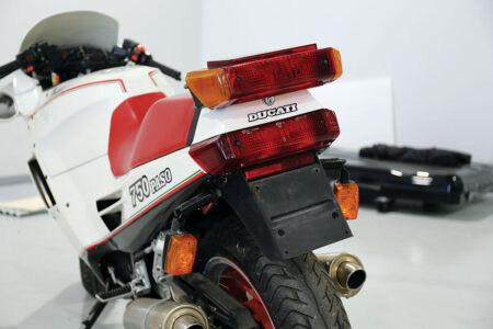 Rearview of a white motorcycle